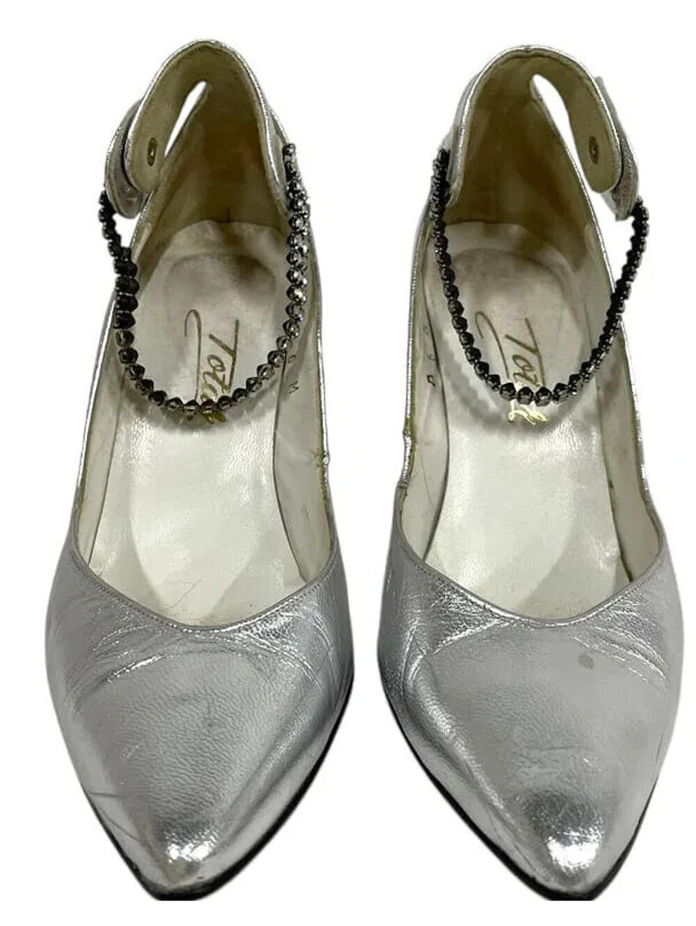 TOTAR Vintage Silver Pumps Rhinestone Ankle Strap Heels Womens 6M Pointed Toe